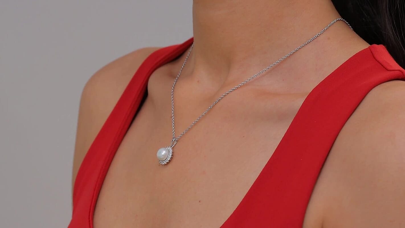 D'Joy Freshwater Pearl and White Zircon 0.65 ctw Sunburst Pendant Necklace in Rhodium Over Sterling Silver 20 Inches
