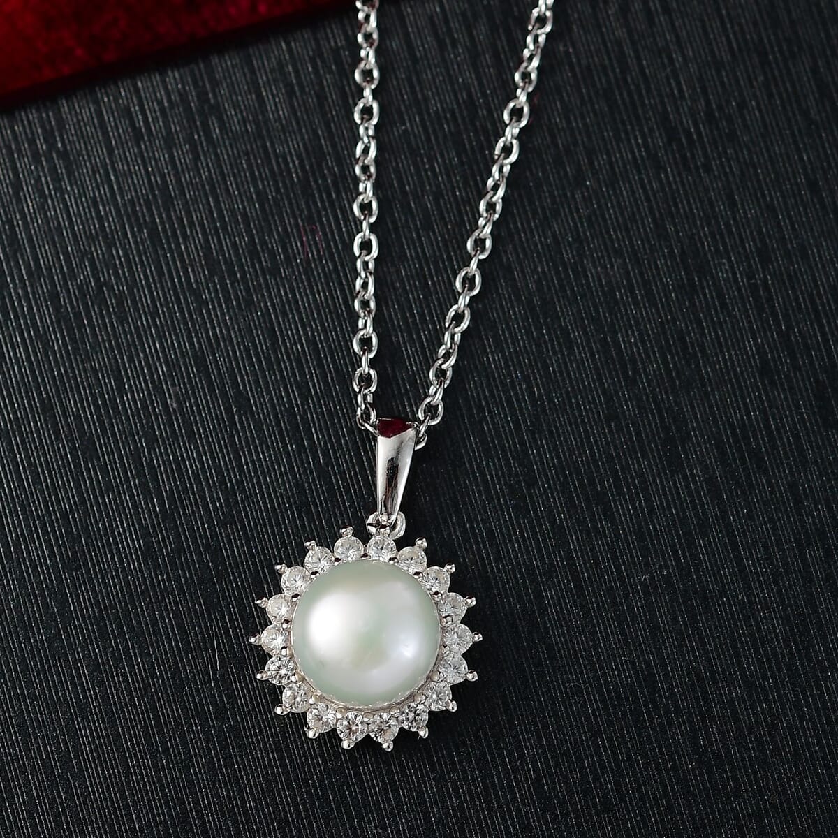 D'Joy Freshwater Pearl and White Zircon 0.65 ctw Sunburst Pendant Necklace in Rhodium Over Sterling Silver 20 Inches image number 1