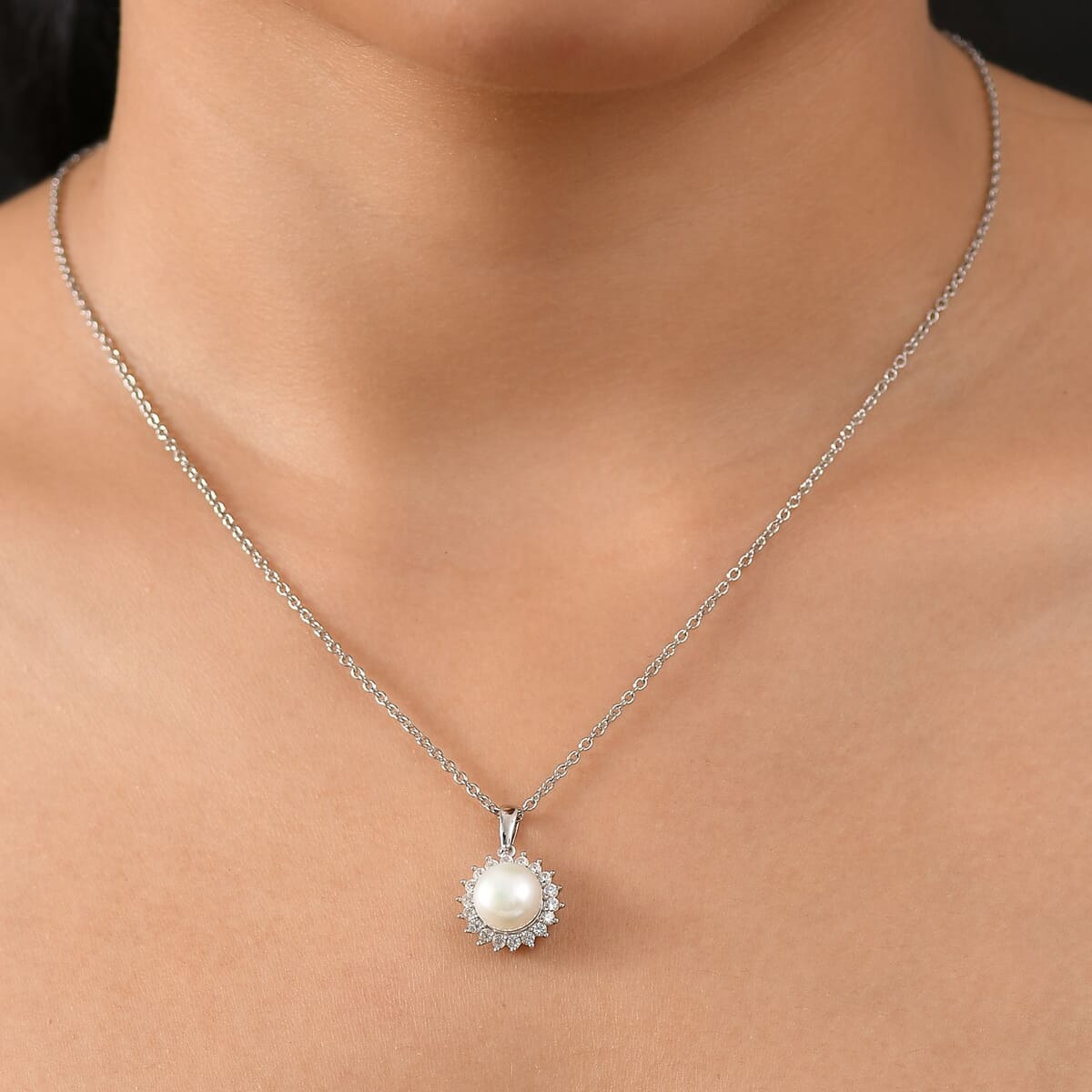 D'Joy Freshwater Pearl and White Zircon 0.65 ctw Sunburst Pendant Necklace in Rhodium Over Sterling Silver 20 Inches image number 2