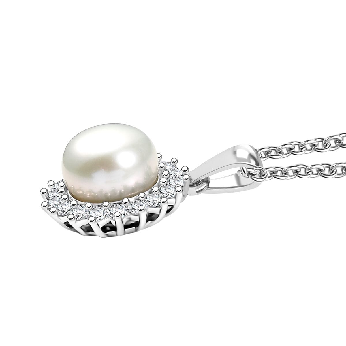 D'Joy Freshwater Pearl and White Zircon 0.65 ctw Sunburst Pendant Necklace in Rhodium Over Sterling Silver 20 Inches image number 3