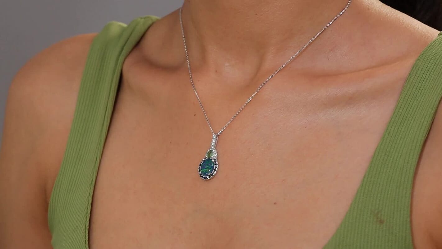 D'Joy Elysian Opal (Triplet) and Multi Gemstone 3.50 ctw Nebula Halo Pendant Necklace in Rhodium Over Sterling Silver 20 Inches