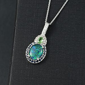 D'Joy Elysian Opal (Triplet) and Multi Gemstone 3.50 ctw Nebula Halo Pendant Necklace in Rhodium Over Sterling Silver 20 Inches