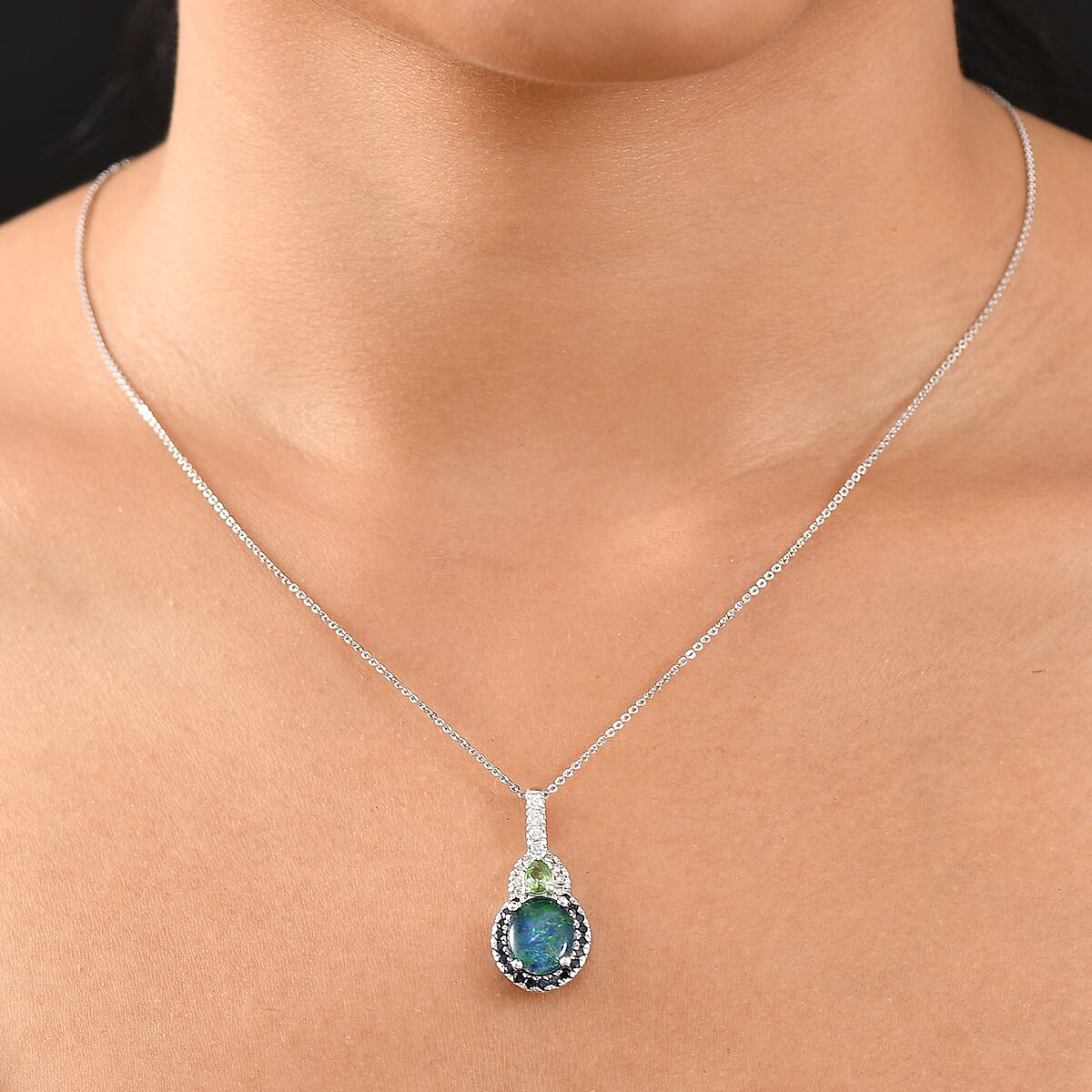 D'Joy Elysian Opal (Triplet) and Multi Gemstone 3.50 ctw Nebula Halo Pendant Necklace in Rhodium Over Sterling Silver 20 Inches image number 2