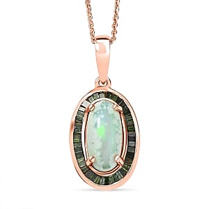 D'Joy Ethiopian Welo Opal, Green Diamond (IR) 2.45 ctw Pendant Necklace (18 Inches) in 18K Vermeil Rose Gold Over Sterling Silver