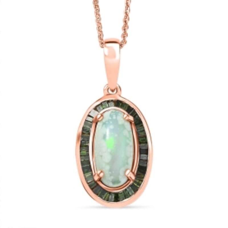 D'Joy Ethiopian Welo Opal, Green Diamond (IR) 2.45 ctw Pendant Necklace (18 Inches) in 18K Vermeil Rose Gold Over Sterling Silver