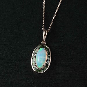 D'Joy Ethiopian Welo Opal, Green Diamond (IR) 2.45 ctw Pendant Necklace (18 Inches) in 18K Vermeil Rose Gold Over Sterling Silver