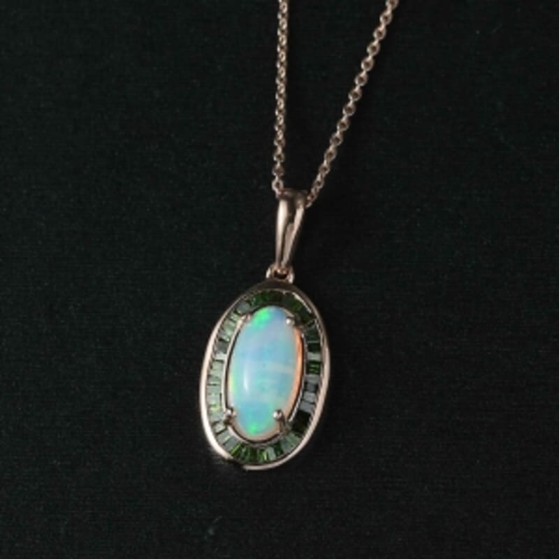 D'Joy Ethiopian Welo Opal, Green Diamond (IR) 2.45 ctw Pendant Necklace (18 Inches) in 18K Vermeil Rose Gold Over Sterling Silver