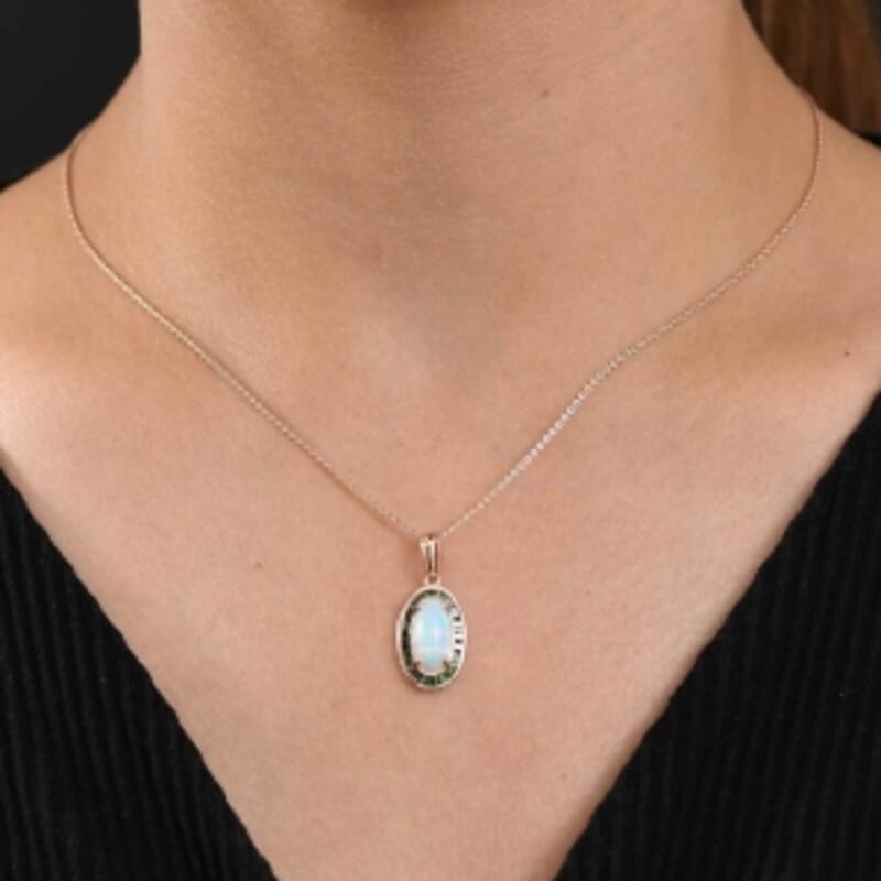 D'Joy Ethiopian Welo Opal, Green Diamond (IR) 2.45 ctw Pendant Necklace (18 Inches) in 18K Vermeil Rose Gold Over Sterling Silver