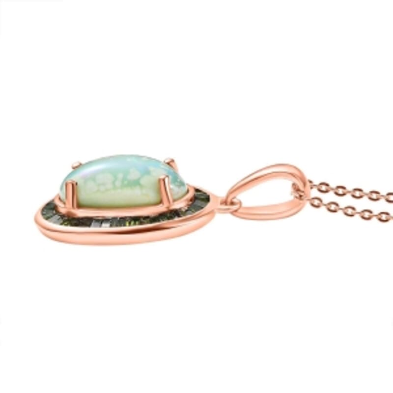 D'Joy Ethiopian Welo Opal, Green Diamond (IR) 2.45 ctw Pendant Necklace (18 Inches) in 18K Vermeil Rose Gold Over Sterling Silver