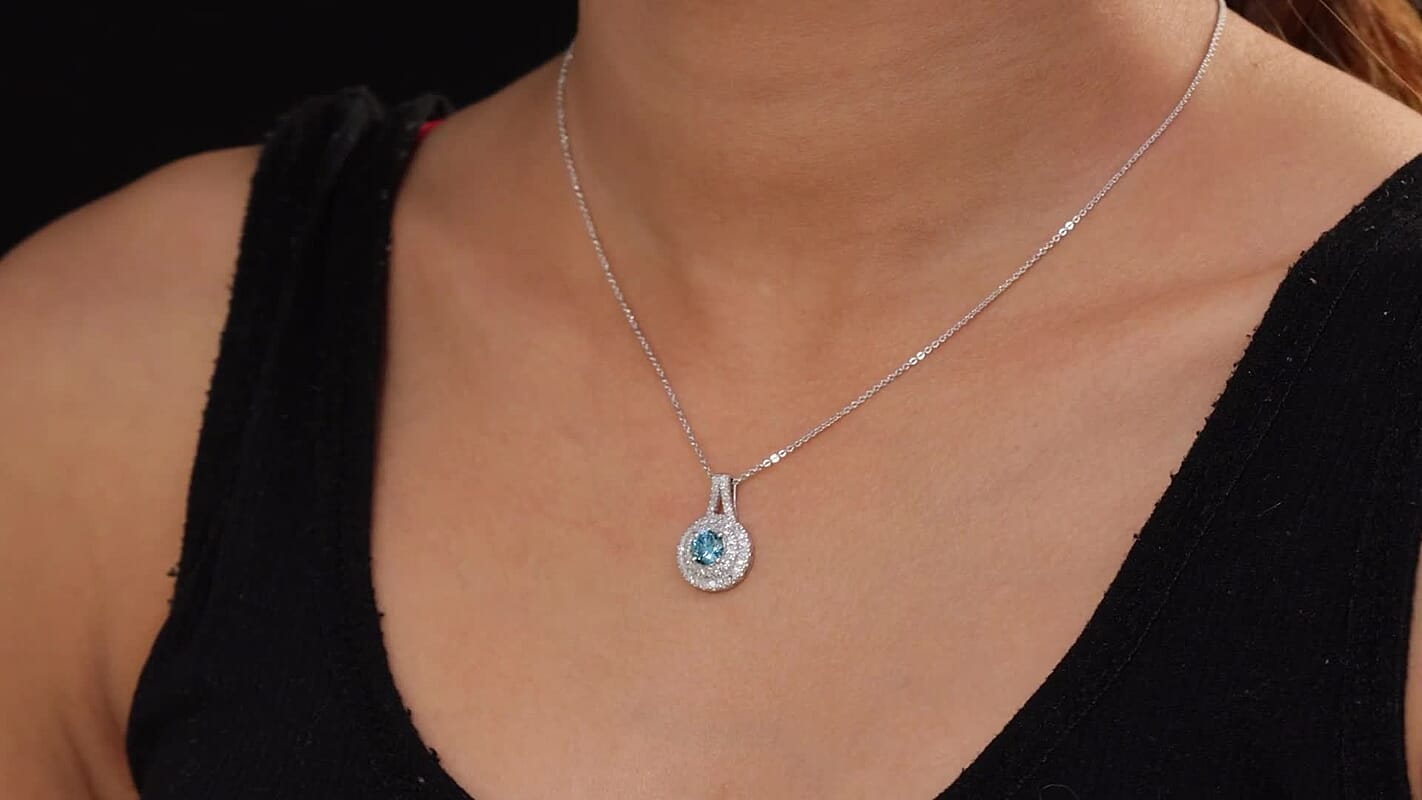 SGL Certified Luxuriant Lab Grown Blue Diamond (IR) and White Diamond VS 1.50 ctw Ocean Halo Pendant Necklace in Rhodium Over Sterling Silver 20 Inches