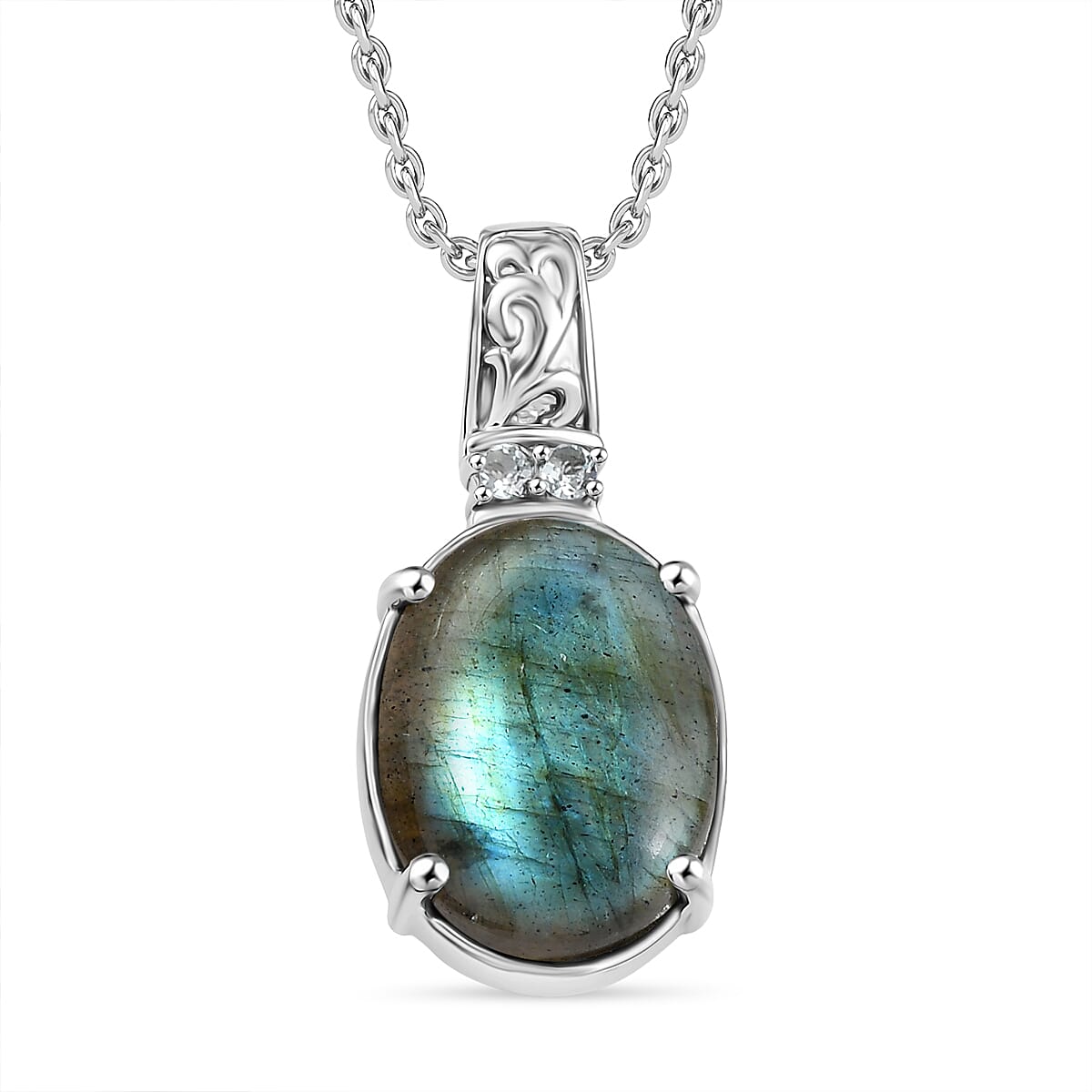 EverTrue Malagasy Labradorite and Sky Blue Topaz 11.10 ctw Pendant Necklace in Stainless Steel 20 Inches 