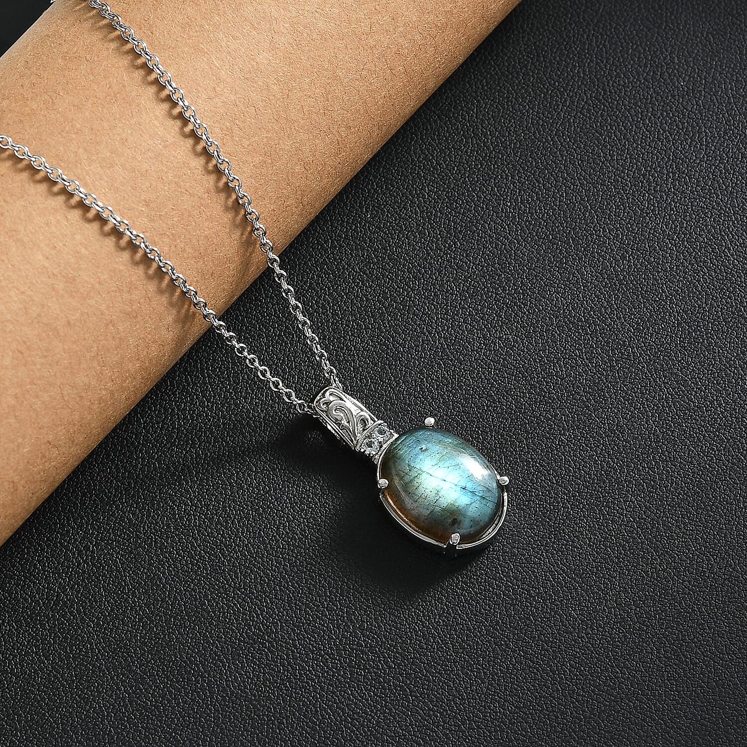 EverTrue Malagasy Labradorite and Sky Blue Topaz 11.10 ctw Pendant Necklace in Stainless Steel 20 Inches 