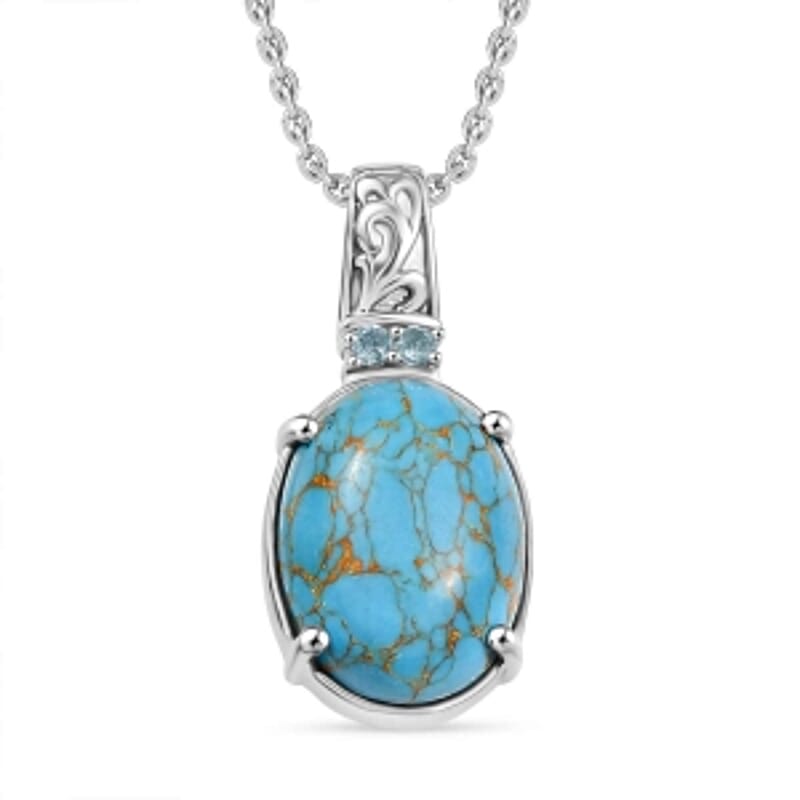 Mojave Blue Turquoise and Sky Blue Topaz 11.10 ctw Pendant Necklace (20 Inches) in Stainless Steel