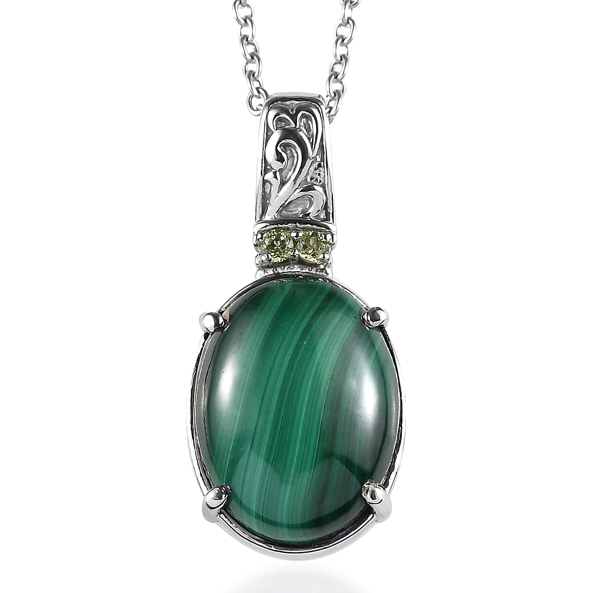 EverTrue African Malachite and Hebei Peridot 11.10 ctw Amethyst Pendant Necklace in Stainless Steel 20 Inches
