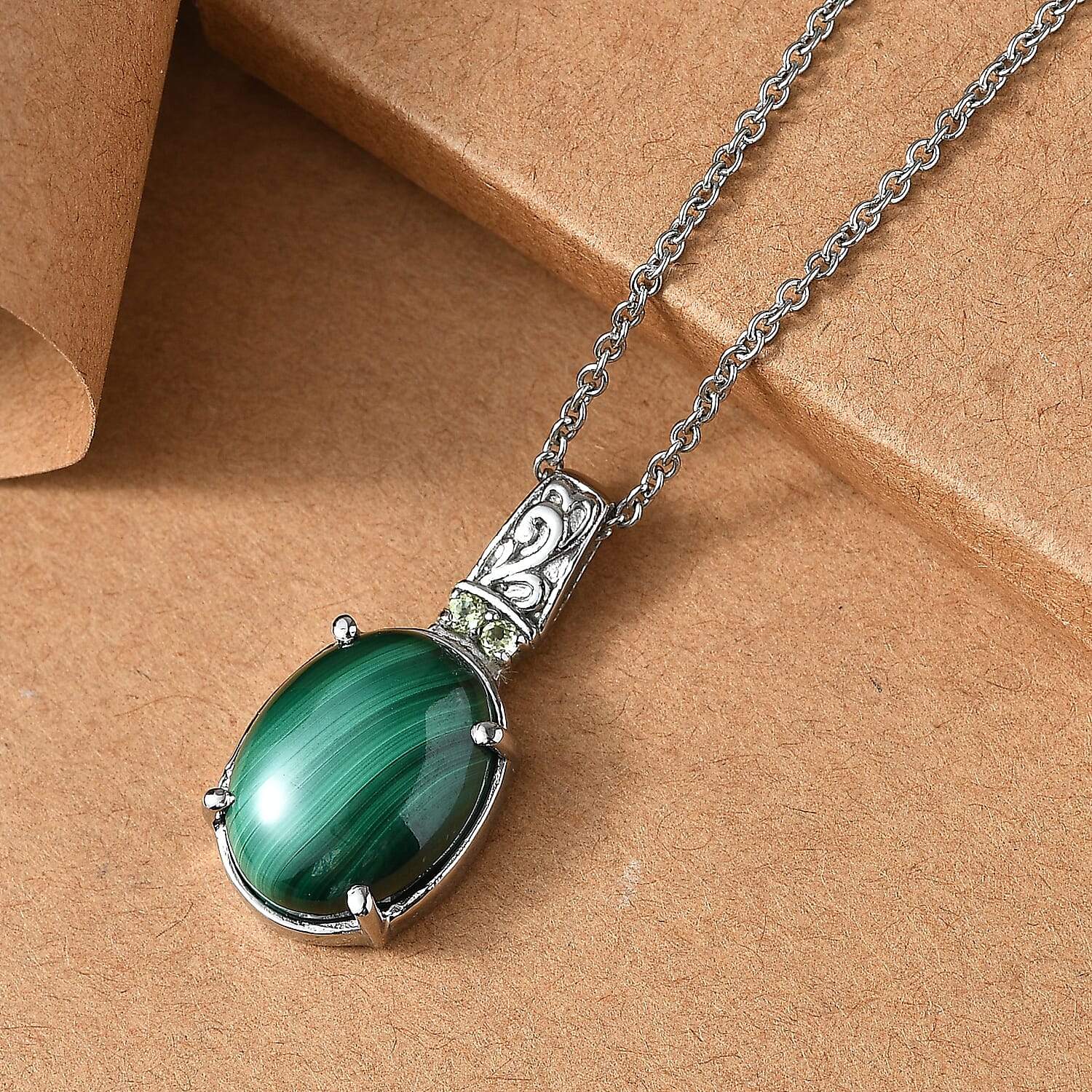 EverTrue African Malachite and Hebei Peridot 11.10 ctw Amethyst Pendant Necklace in Stainless Steel 20 Inches