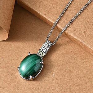 EverTrue African Malachite and Hebei Peridot 11.10 ctw Amethyst Pendant Necklace in Stainless Steel 20 Inches 