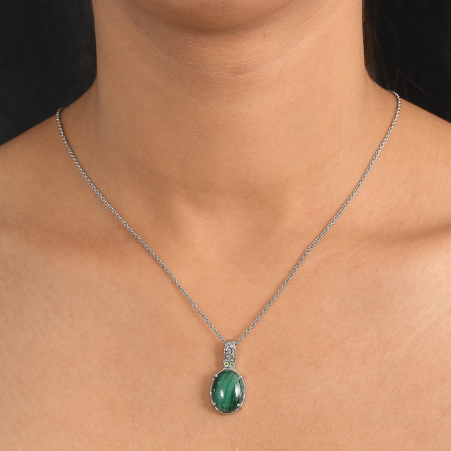 EverTrue African Malachite and Hebei Peridot 11.10 ctw Amethyst Pendant Necklace in Stainless Steel 20 Inches