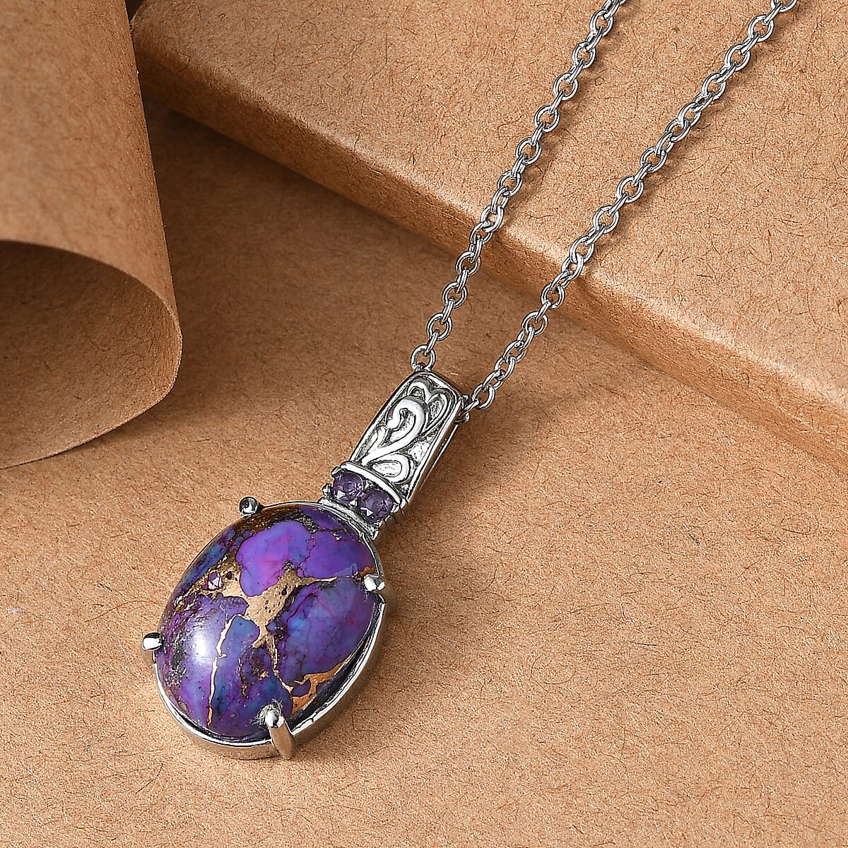 EverTrue Mojave Purple Turquoise and African Amethyst 11.10 ctw Pendant Necklace in Stainless Steel 20 Inches  image number 1