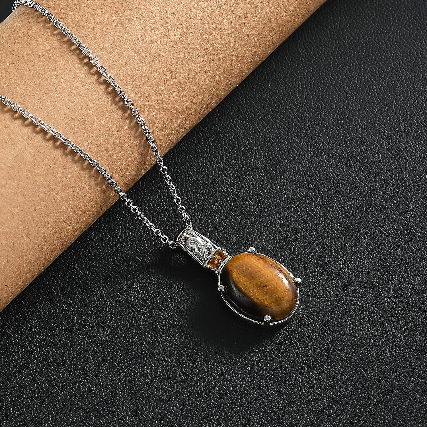 EverTrue Tiger's Eye and Brazilian Citrine 11.10 ctw Pendant Necklace in Stainless Steel 20 Inches 