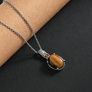 EverTrue Tiger's Eye and Brazilian Citrine 11.10 ctw Pendant Necklace in Stainless Steel 20 Inches 