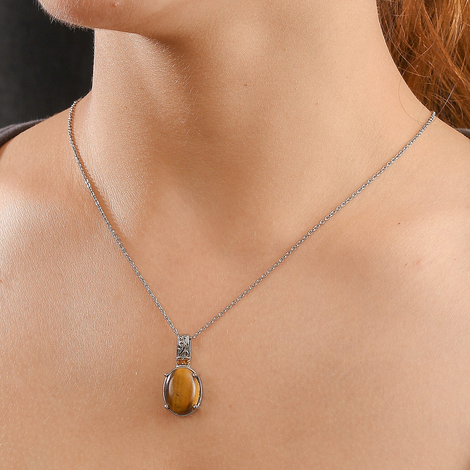 EverTrue Tiger's Eye and Brazilian Citrine 11.10 ctw Pendant Necklace in Stainless Steel 20 Inches 