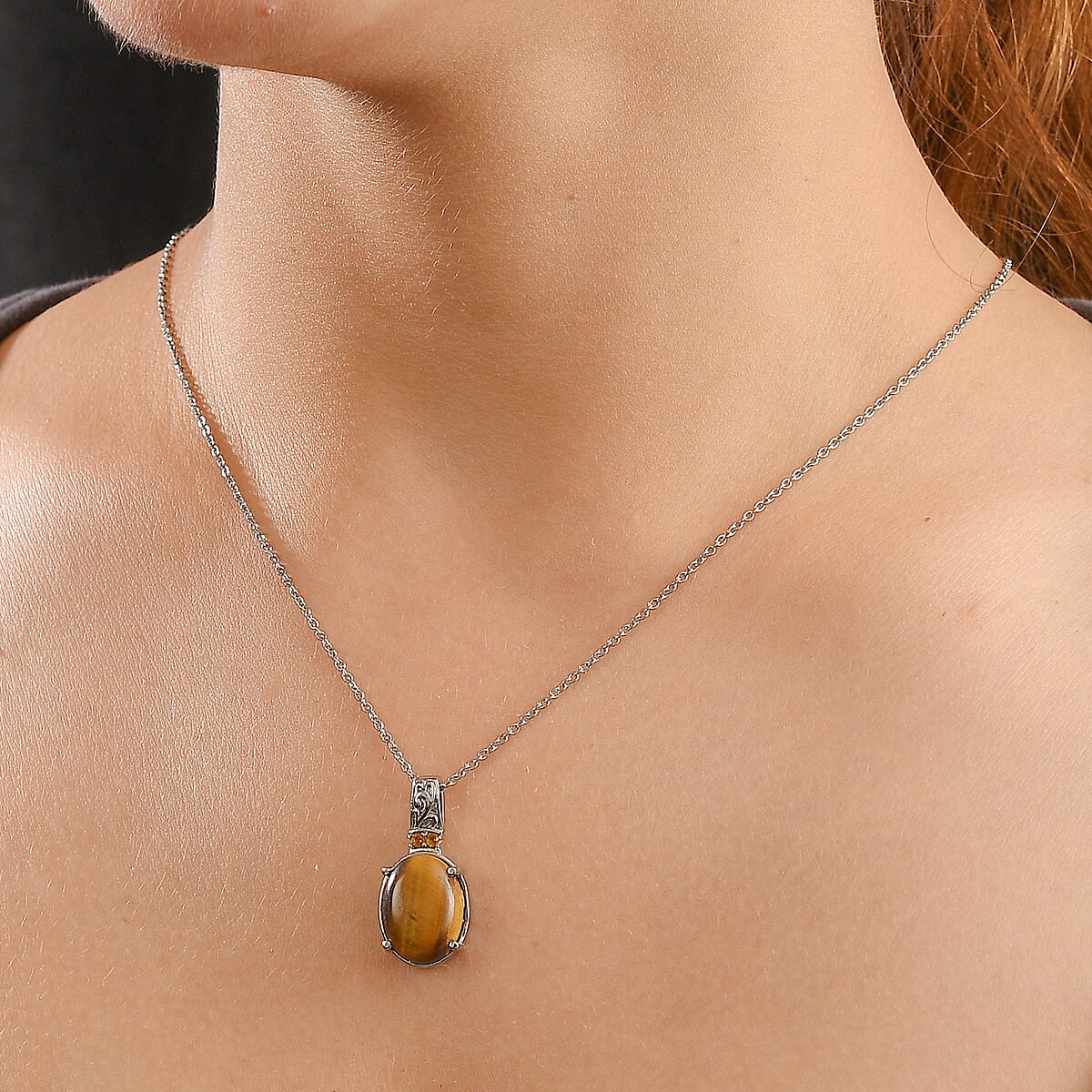 EverTrue Tiger's Eye and Brazilian Citrine 11.10 ctw Pendant Necklace in Stainless Steel 20 Inches  image number 2