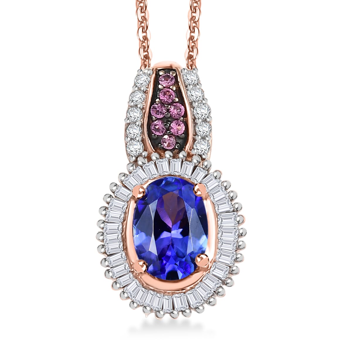 D'Joy Premium Tanzanite, Pink Spinel and Diamond 1.10 ctw Sunrise Pendant Necklace in 18K Vermeil Rose Gold Over Sterling Silver 20 Inches image number 0