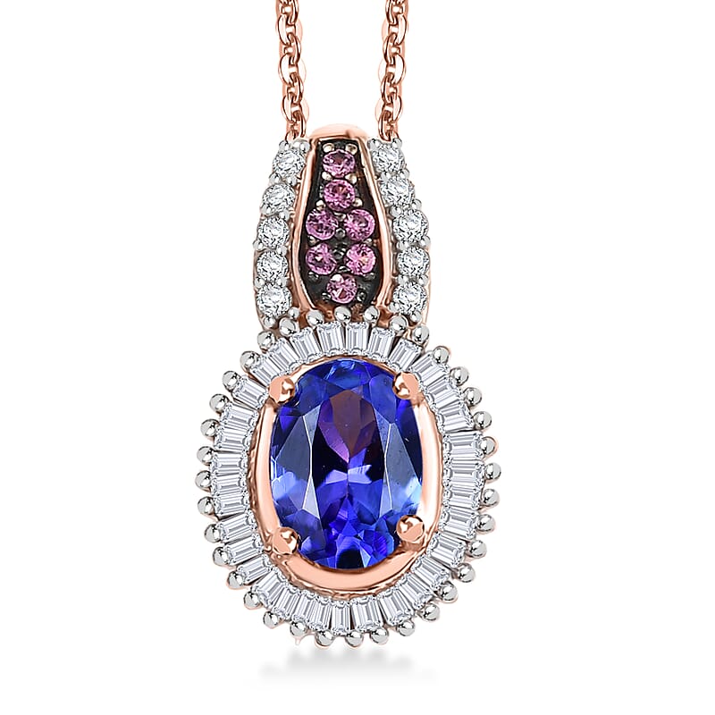 D'Joy Premium Tanzanite, Pink Spinel and Diamond 1.10 ctw Sunrise Pendant Necklace in 18K Vermeil Rose Gold Over Sterling Silver 20 Inches