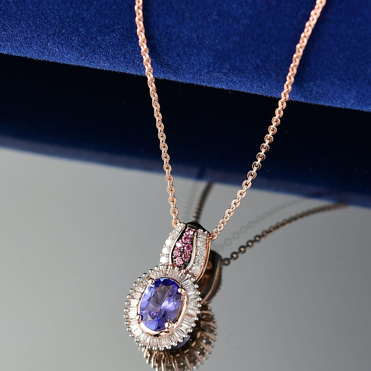 D'Joy Premium Tanzanite, Pink Spinel and Diamond 1.10 ctw Sunrise Pendant Necklace in 18K Vermeil Rose Gold Over Sterling Silver 20 Inches image number 1