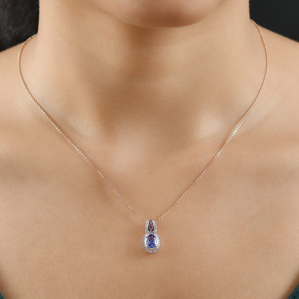 D'Joy Premium Tanzanite, Pink Spinel and Diamond 1.10 ctw Sunrise Pendant Necklace in 18K Vermeil Rose Gold Over Sterling Silver 20 Inches image number 2