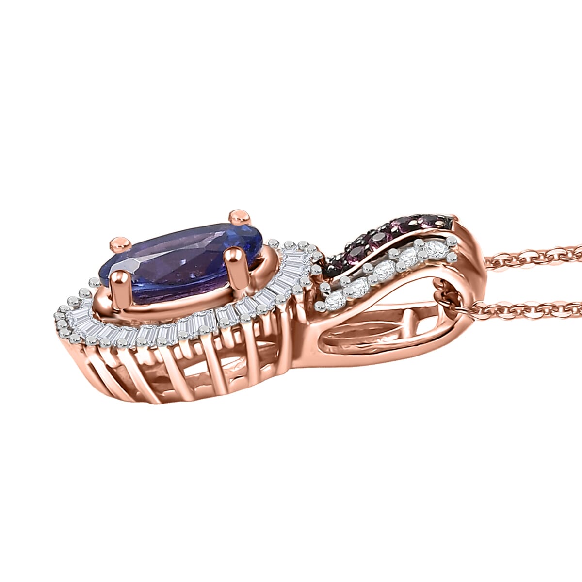 D'Joy Premium Tanzanite, Pink Spinel and Diamond 1.10 ctw Sunrise Pendant Necklace in 18K Vermeil Rose Gold Over Sterling Silver 20 Inches image number 3
