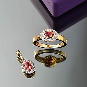 Lab Created Padparadscha Sapphire and White Zircon 2.46 ctw Ring (Size 9.0) and Pendant in Vermeil YG Over Sterling Silver