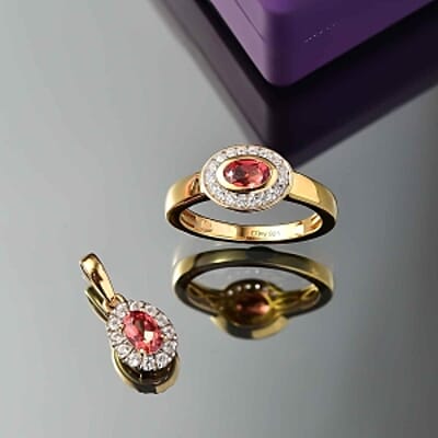 Lab Created Padparadscha Sapphire and White Zircon 2.46 ctw Ring (Size 9.0) and Pendant in Vermeil YG Over Sterling Silver