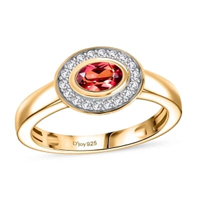 Lab Created Padparadscha Sapphire and White Zircon 2.46 ctw Ring (Size 9.0) and Pendant in Vermeil YG Over Sterling Silver