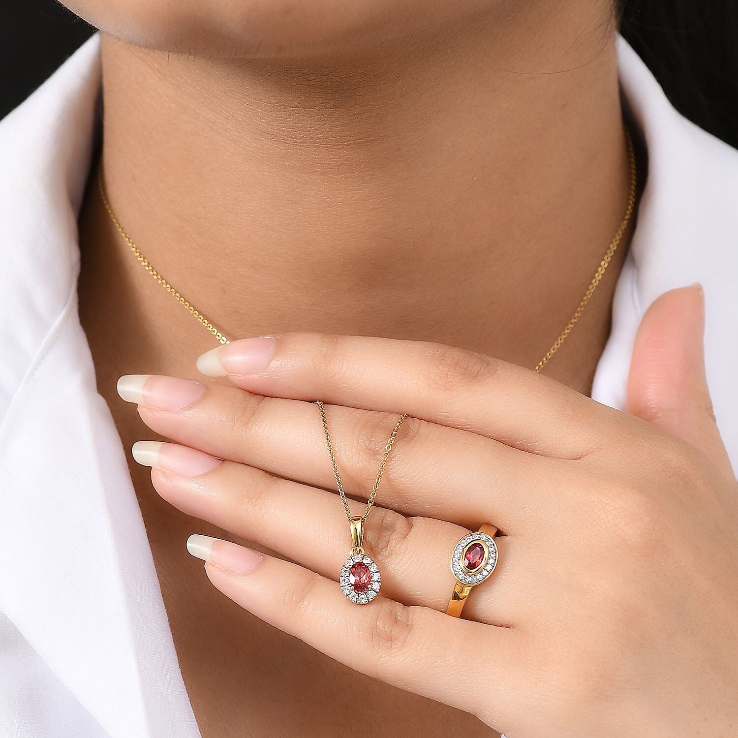 Lab Created Padparadscha Sapphire and White Zircon 2.46 ctw Ring (Size 10.0) and Pendant in Vermeil YG Over Sterling Silver