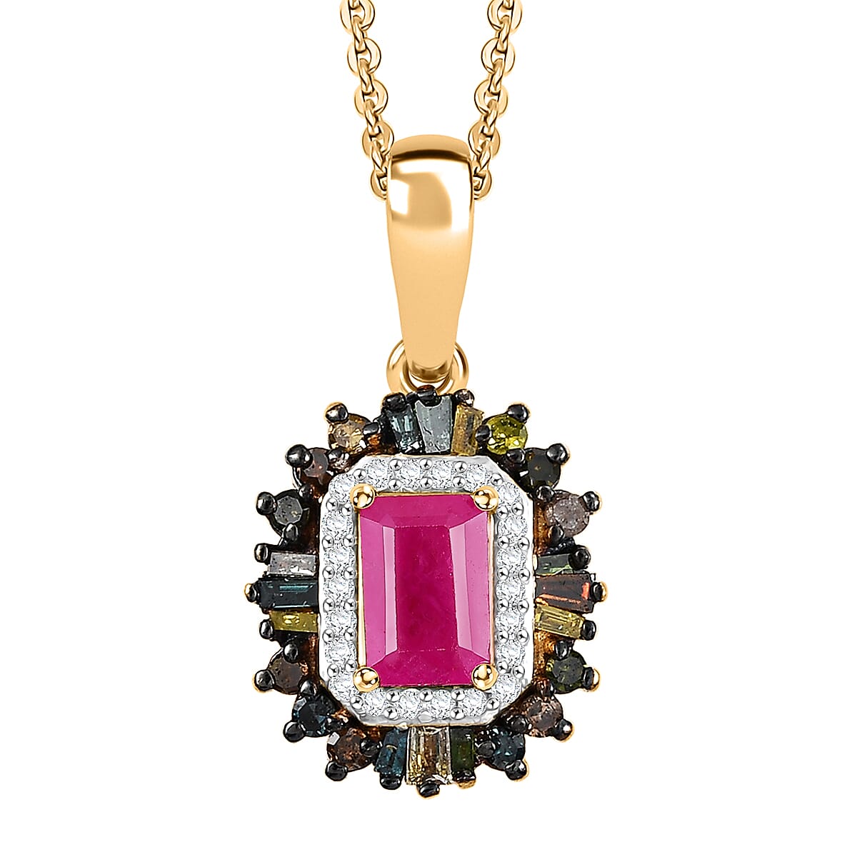 D'Joy Premium Royal Ruby and Multi Diamond 1.20 ctw Firecracker Pendant Necklace in 18K Vermeil Yellow Gold Over Sterling Silver 20 Inches image number 0