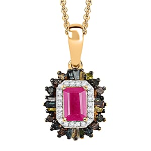 D'Joy Premium Royal Ruby and Multi Diamond 1.20 ctw Pendant Necklace in 18K Vermeil Yellow Gold Over Sterling Silver 20 Inches