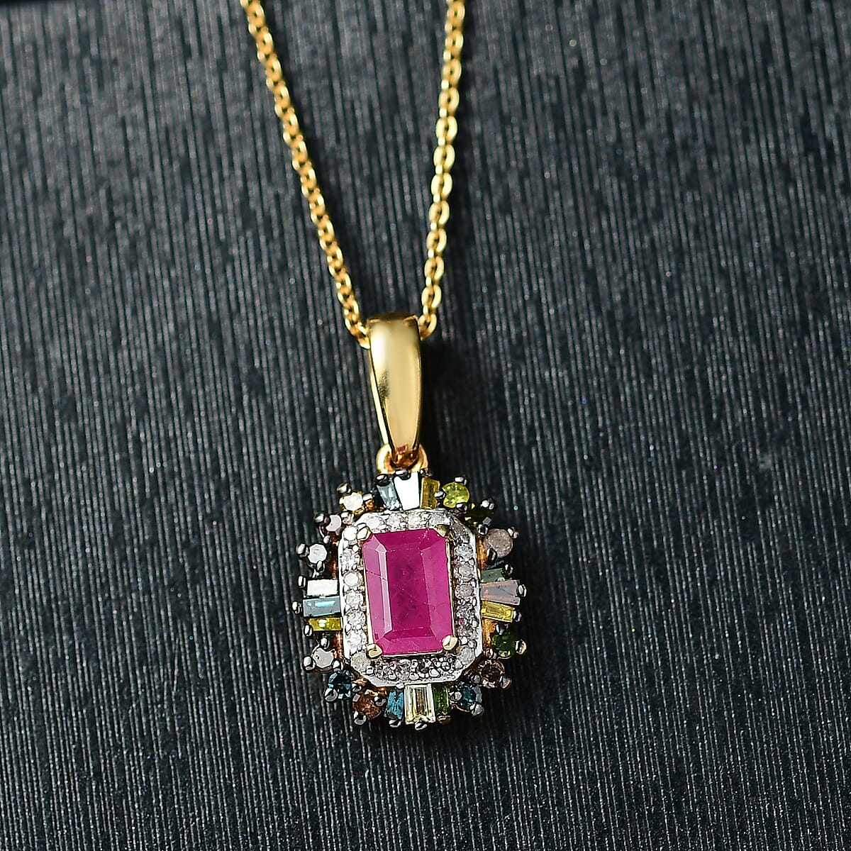 D'Joy Premium Royal Ruby and Multi Diamond 1.20 ctw Firecracker Pendant Necklace in 18K Vermeil Yellow Gold Over Sterling Silver 20 Inches image number 1