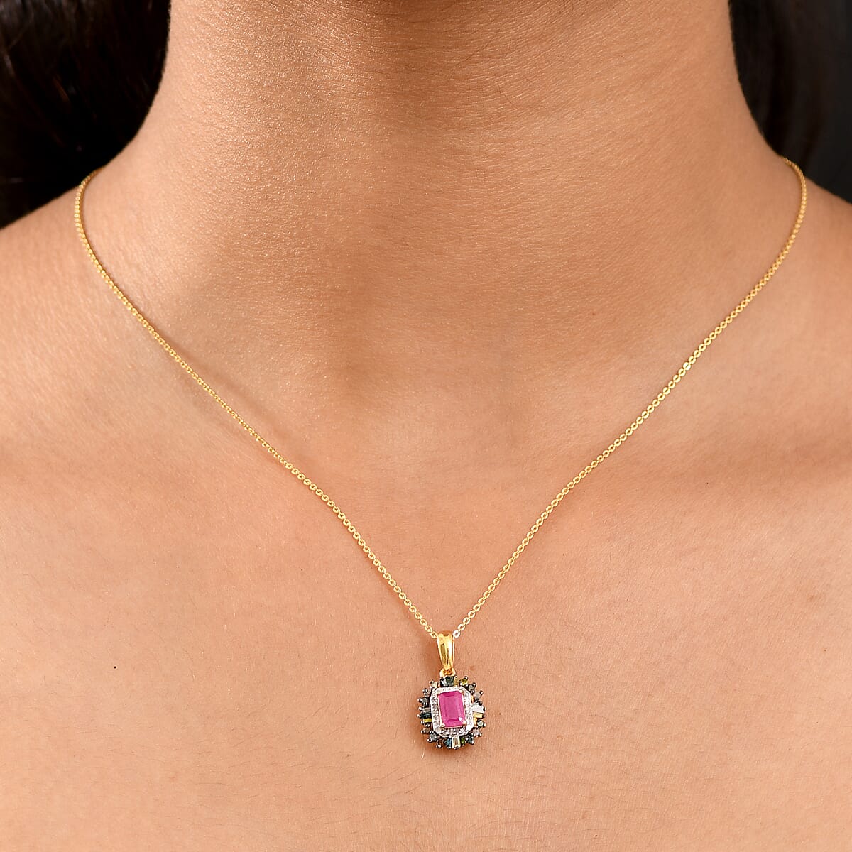 D'Joy Premium Royal Ruby and Multi Diamond 1.20 ctw Firecracker Pendant Necklace in 18K Vermeil Yellow Gold Over Sterling Silver 20 Inches image number 2