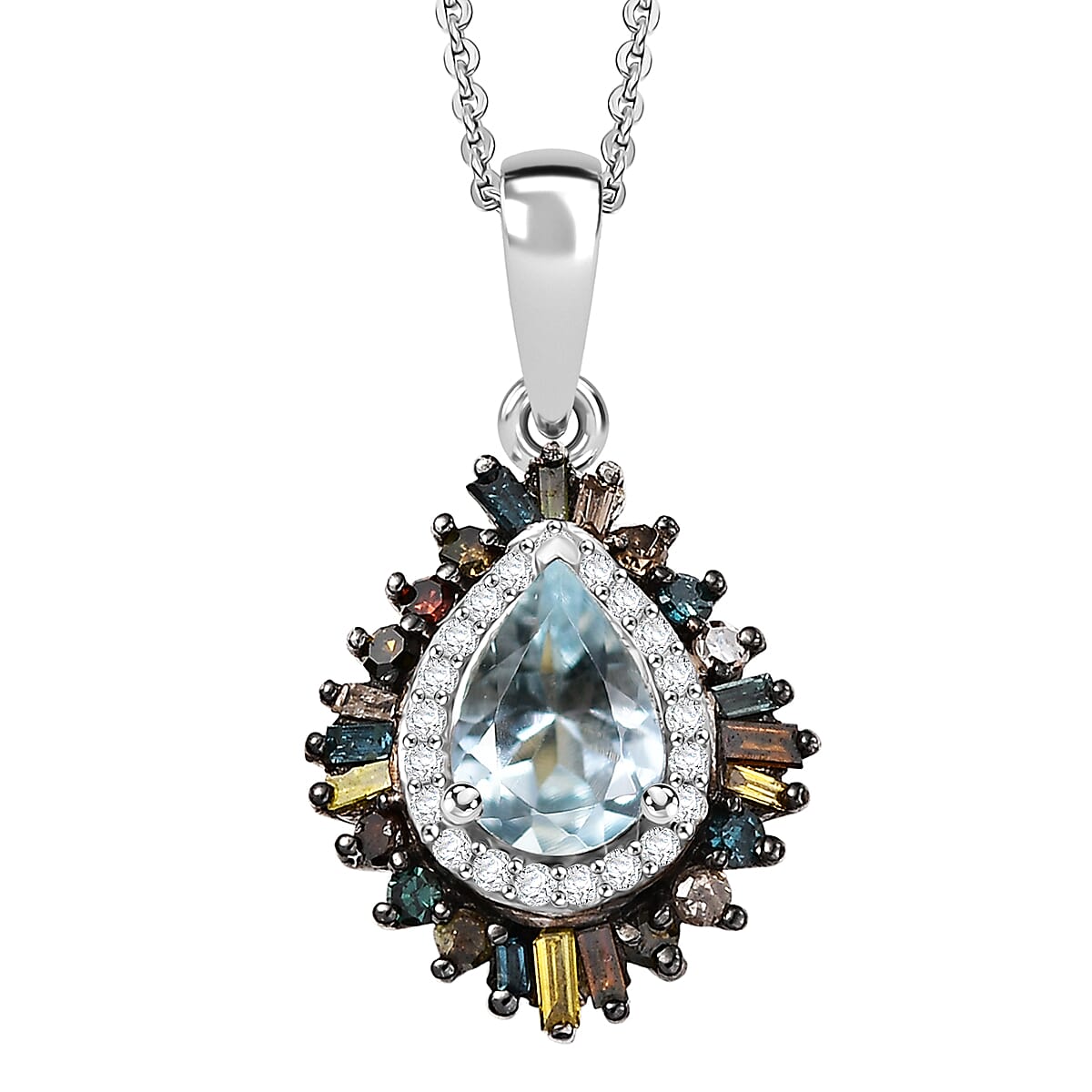 D'Joy Santa Maria Aquamarine and Multi Diamond 1.00 ctw Pendant Necklace 20 Inches in Rhodium Over Sterling Silver image number 0