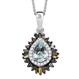 D'Joy Santa Maria Aquamarine and Multi Diamond 1.00 ctw Pendant Necklace 20 Inches in Rhodium Over Sterling Silver
