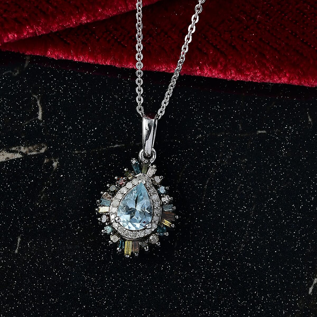 D'Joy Santa Maria Aquamarine and Multi Diamond 1.00 ctw Pendant Necklace 20 Inches in Rhodium Over Sterling Silver image number 1