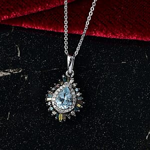 D'Joy Santa Maria Aquamarine and Multi Diamond 1.00 ctw Firecracker Pendant Necklace 20 Inches in Rhodium Over Sterling Silver