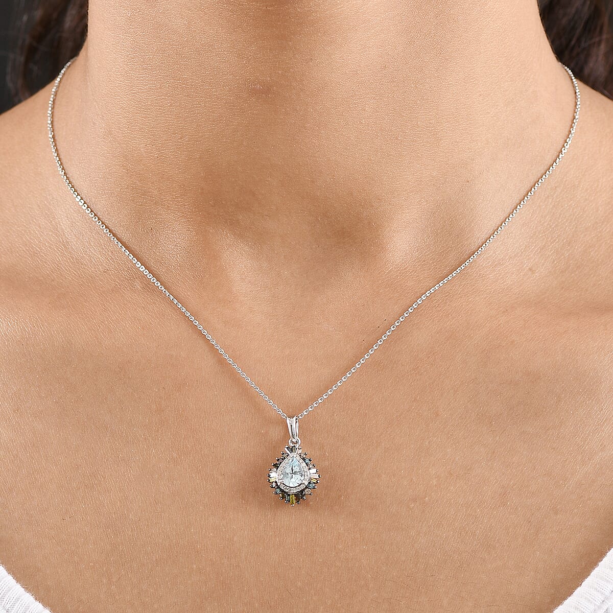 D'Joy Santa Maria Aquamarine and Multi Diamond 1.00 ctw Pendant Necklace 20 Inches in Rhodium Over Sterling Silver image number 2