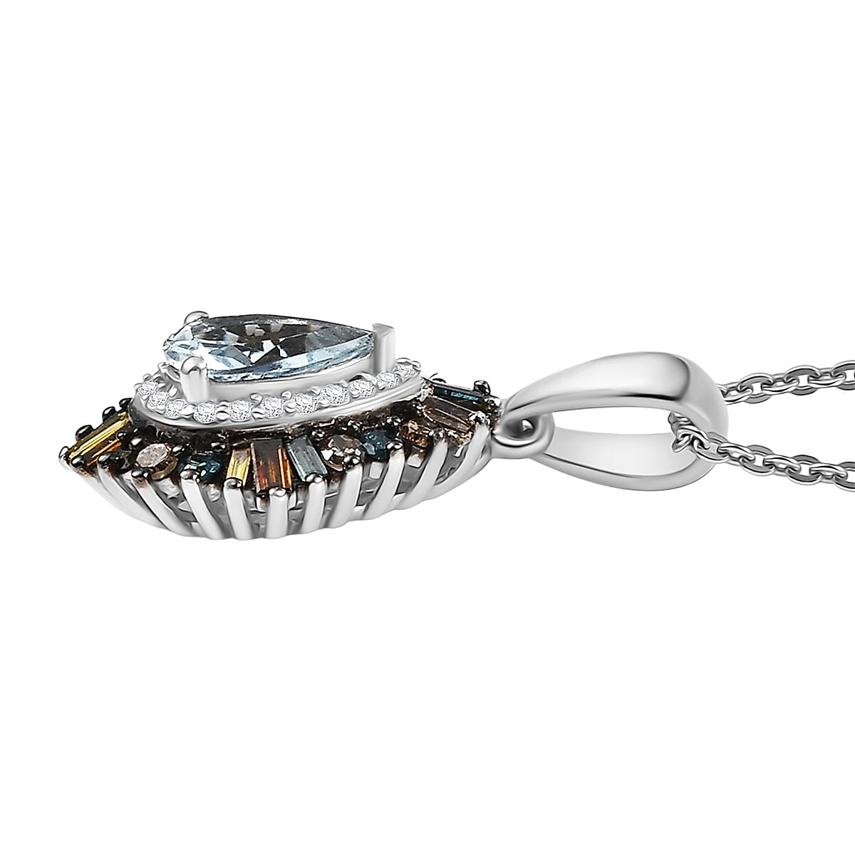 D'Joy Santa Maria Aquamarine and Multi Diamond 1.00 ctw Pendant Necklace 20 Inches in Rhodium Over Sterling Silver image number 3