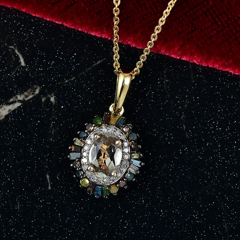 D'Joy Premium Turkizite and Multi Diamond 1.30 ctw Firecracker Pendant Necklace 20 Inches in 18K Vermeil Yellow Gold Over Sterling Silver