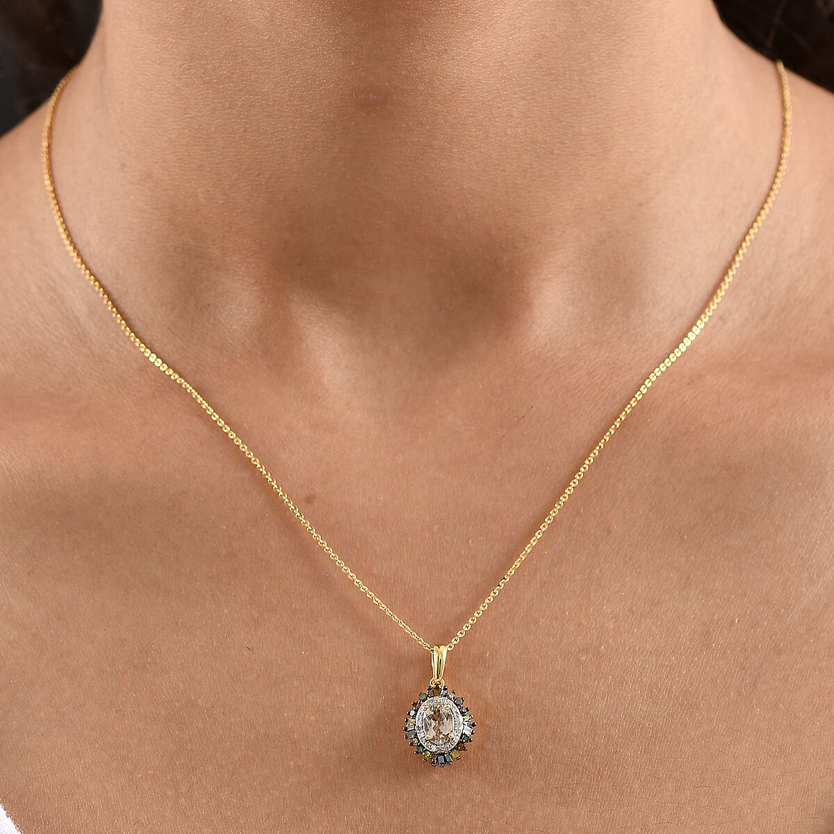 D'Joy Premium Turkizite and Multi Diamond 1.30 ctw Pendant Necklace 20 Inches in 18K Vermeil Yellow Gold Over Sterling Silver image number 2