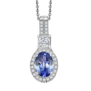 D'Joy Tanzanite and Lab Grown Diamond 1.80 ctw Pendant Necklace in Rhodium Over Sterling Silver 20 Inches
