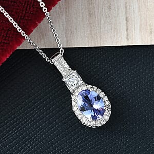 D'Joy Premium Tanzanite and Lab Grown Diamond 1.80 ctw Pendant Necklace in Rhodium Over Sterling Silver 20 Inches