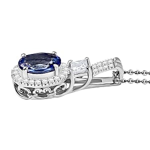 D'Joy Premium Tanzanite and Lab Grown Diamond 1.80 ctw Pendant Necklace in Rhodium Over Sterling Silver 20 Inches